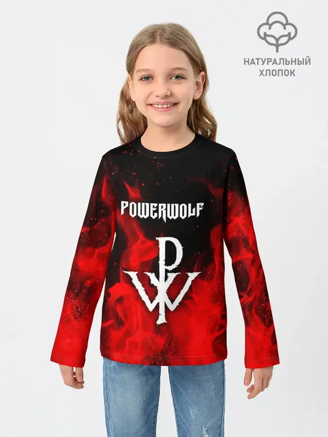 Детский лонгслив с принтом «Разный рок — POWERWOLF»