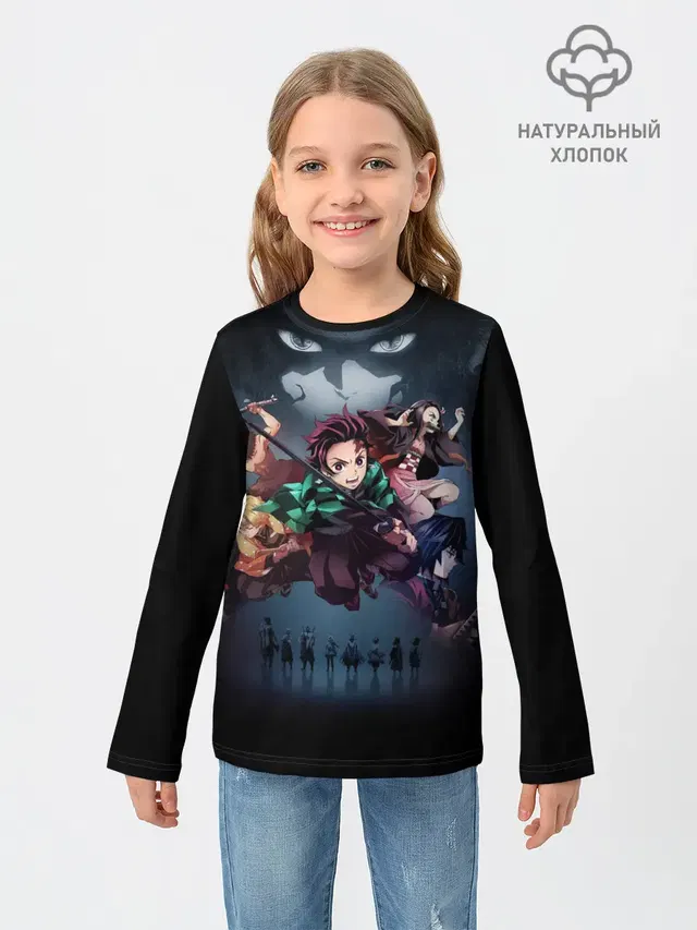 Детский лонгслив с принтом «Kimetsu no Yaiba на черном»