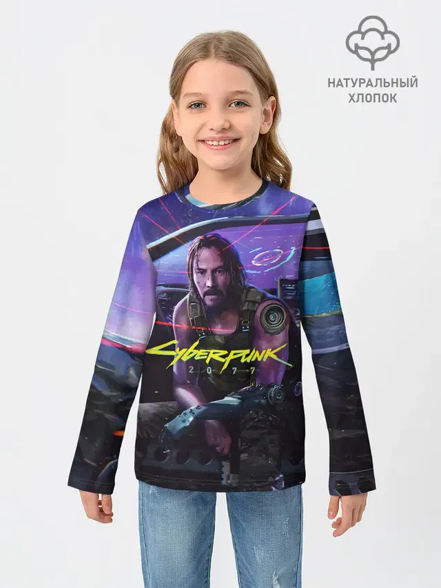 Детский лонгслив с принтом «Cyberpunk 2077 — CYBERPUNK 2077 - КИАНУ»