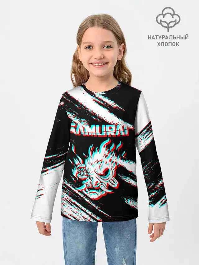 Детский лонгслив с принтом «Cyberpunk 2077 — Samurai — Glitch.»