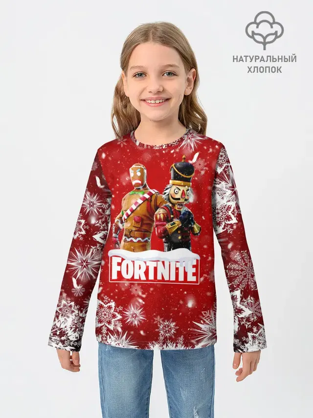 Детский лонгслив с принтом «Фортнайт — Новогодний Fortnite»