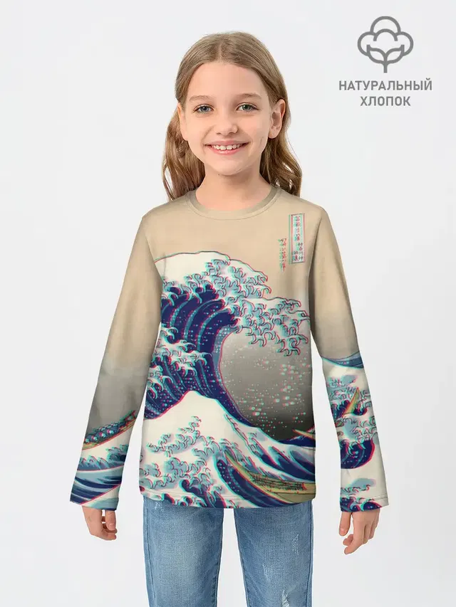 Детский лонгслив с принтом «Vaporwave — Kanagawa Wave Glitch Art»