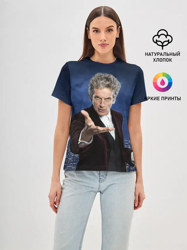 Женская базовая футболка с принтом «Peter Capaldi — LISTEN»