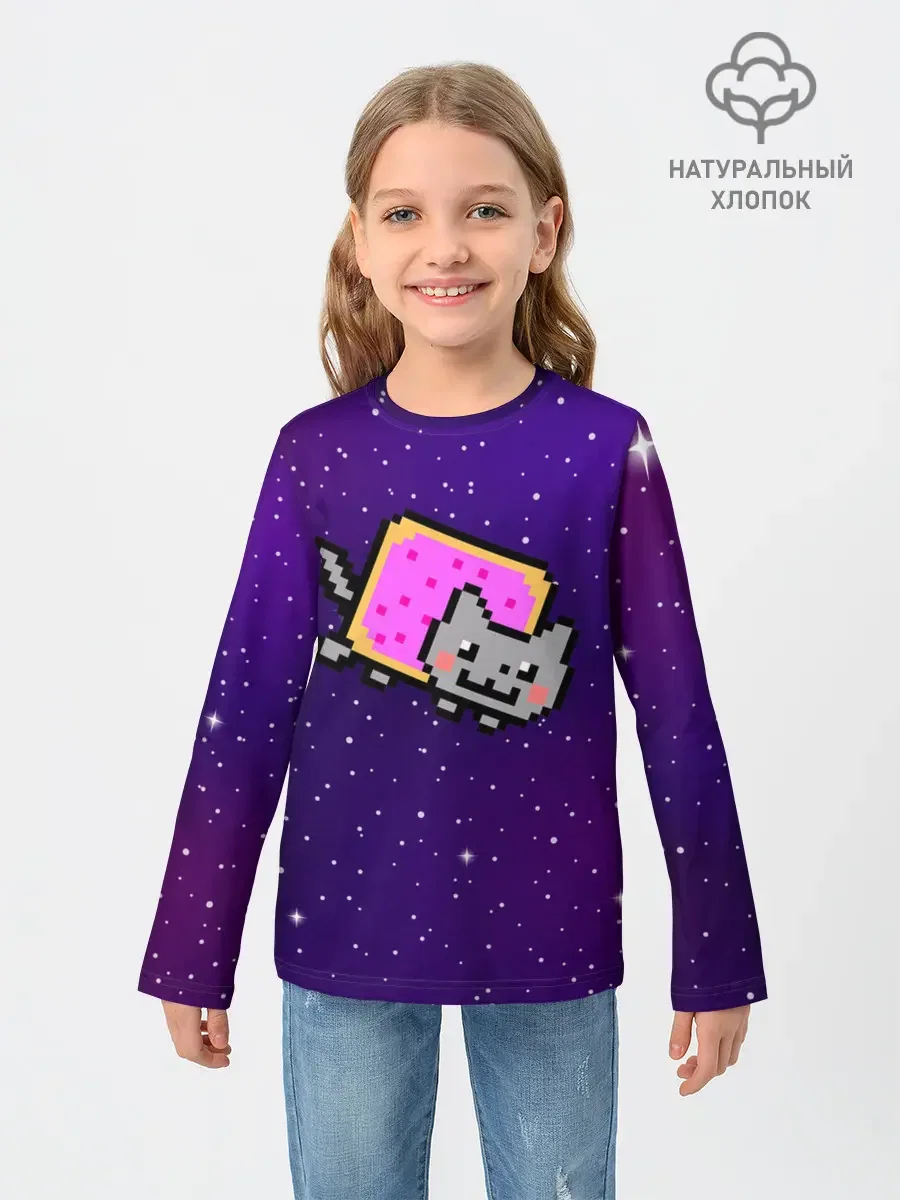 Детский лонгслив с принтом «Кот-мем — Nyan Cat», вид спереди