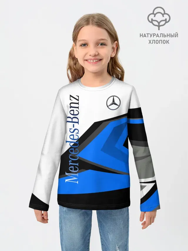 Детский лонгслив с принтом «Автомобильный логотип — Mercedes-Benz»