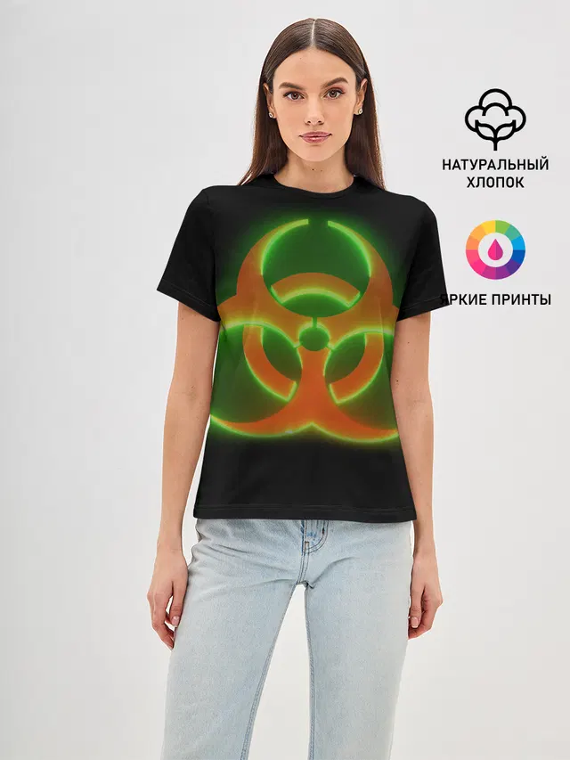 Женская базовая футболка с принтом «Разные неоновые принты — Biohazard Neon»