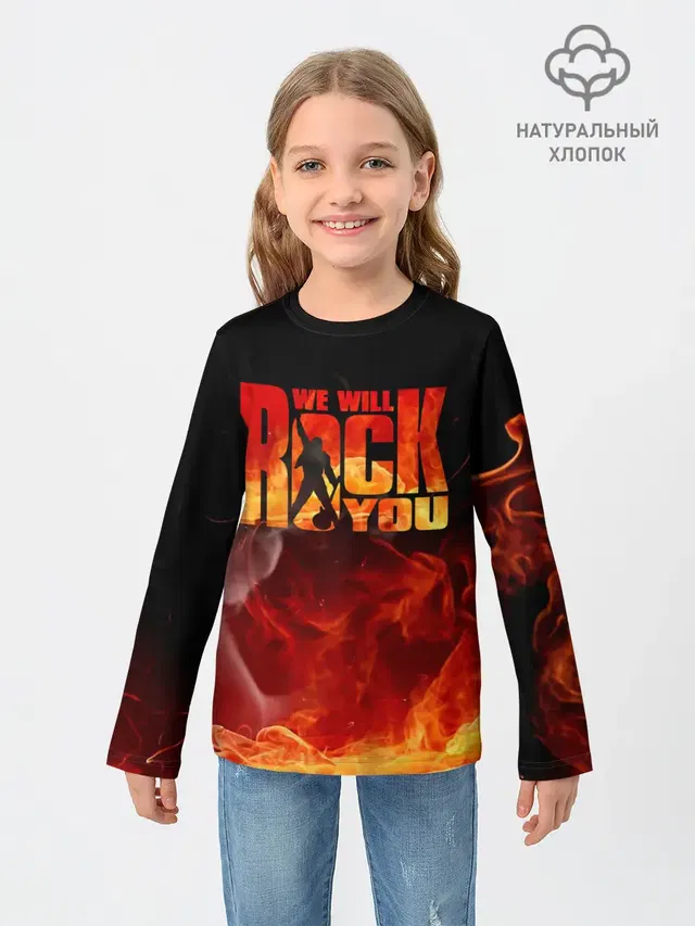 Детский лонгслив с принтом «Fire — Queen - We Will Rock You»