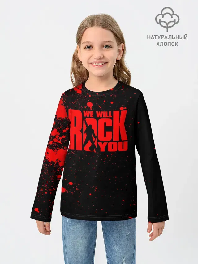 Детский лонгслив с принтом «Paint splatter — Queen - We Will Rock You»