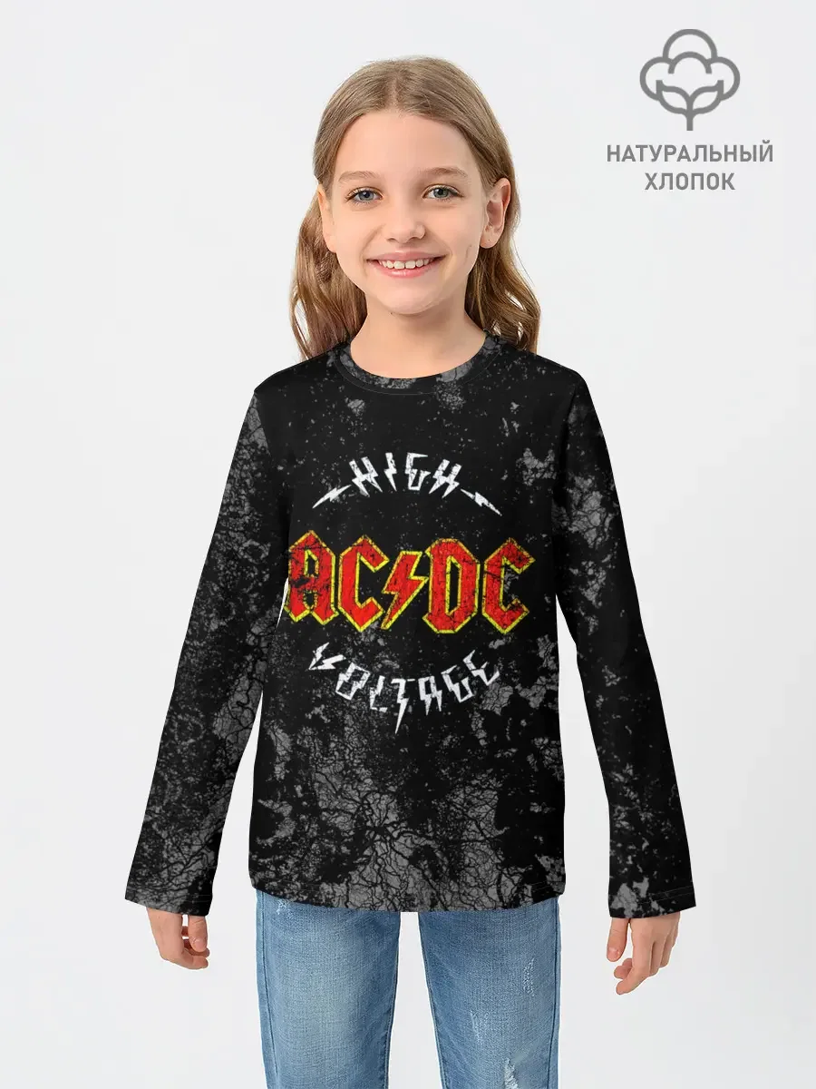 Детский хлопковый лонгслив «High Voltage» AC/DC — мерч купить — принт крупно