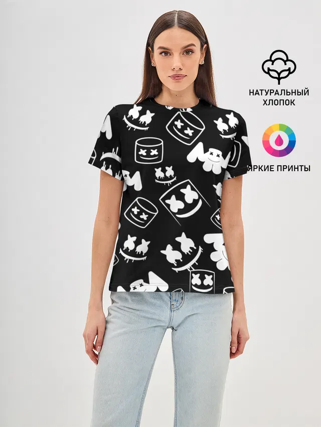Женская базовая футболка с принтом «Marshmello ЧБ»