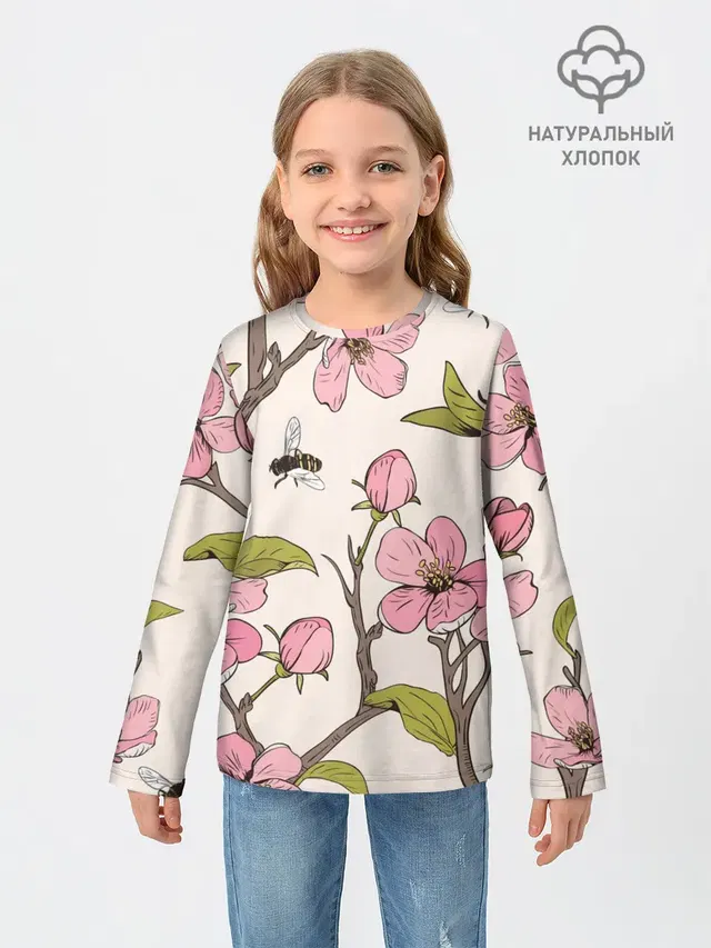 Детский лонгслив с принтом «Цветы — САКУРА — SAKURA»