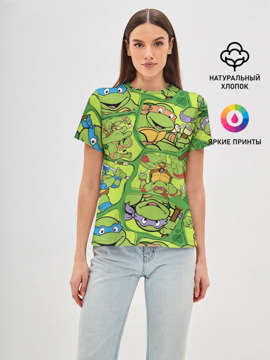 Женская хлопковая футболка «Teenage Mutant Ninja Turtles» — принт крупно