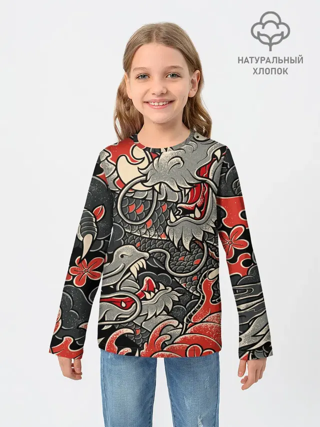 Детский лонгслив с принтом «Популярные — Dsquared tatoo DRAGON»
