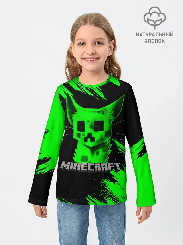 Детский лонгслив с принтом «Майнкрафт — MINECRAFT CREEPER CAT»