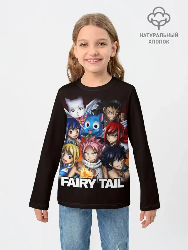 Детский лонгслив с принтом «Хвост Феи — Fairy Tail logo and heroes»