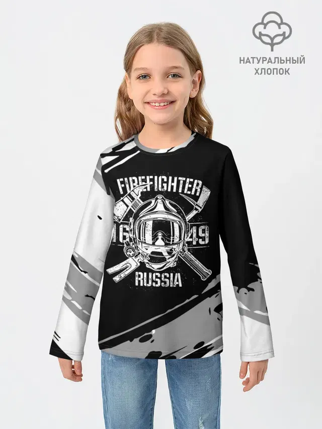 Детский лонгслив с принтом «МЧС — FIREFIGHTER 1649 RUSSIA»