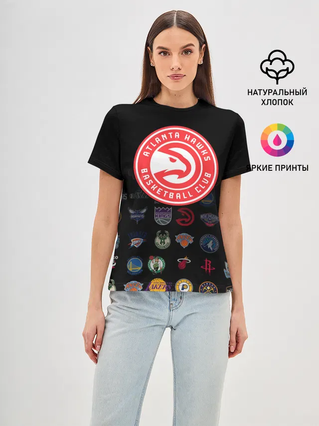 Женская базовая футболка с принтом «НБА — Atlanta Hawks»