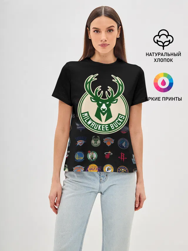 Женская базовая футболка с принтом «НБА — Milwaukee Bucks»