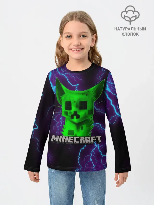 Детский лонгслив с принтом «Майнкрафт — MINECRAFT CREEPER CAT»