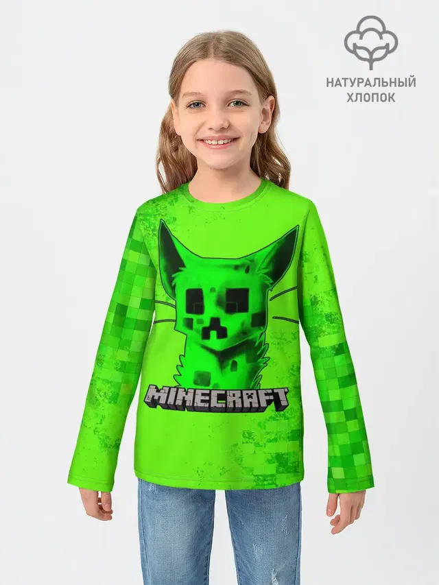 Детский лонгслив с принтом «Майнкрафт — MINECRAFT CREEPER CAT»