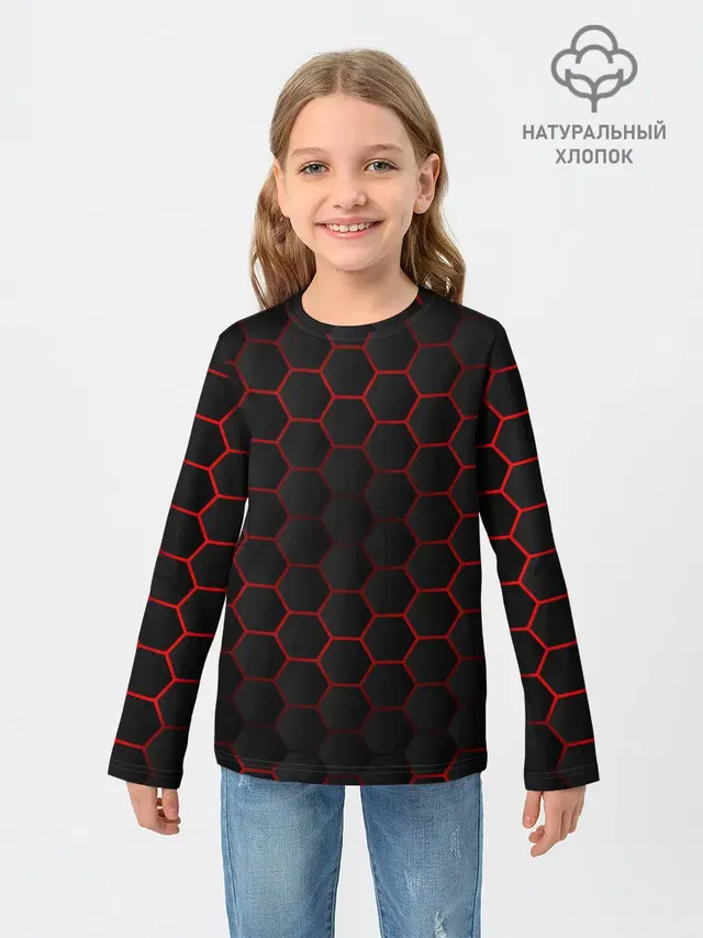 Детский лонгслив с принтом «Геометрия — 3D black & red»