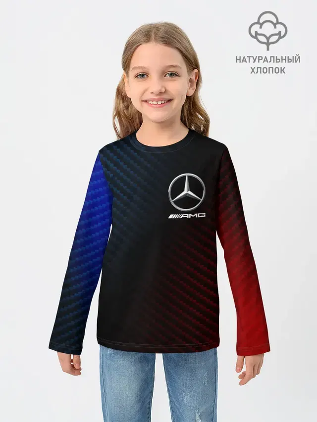 Детский лонгслив с принтом «Carbon texture — MERCEDES — МЕРСЕДЕС»