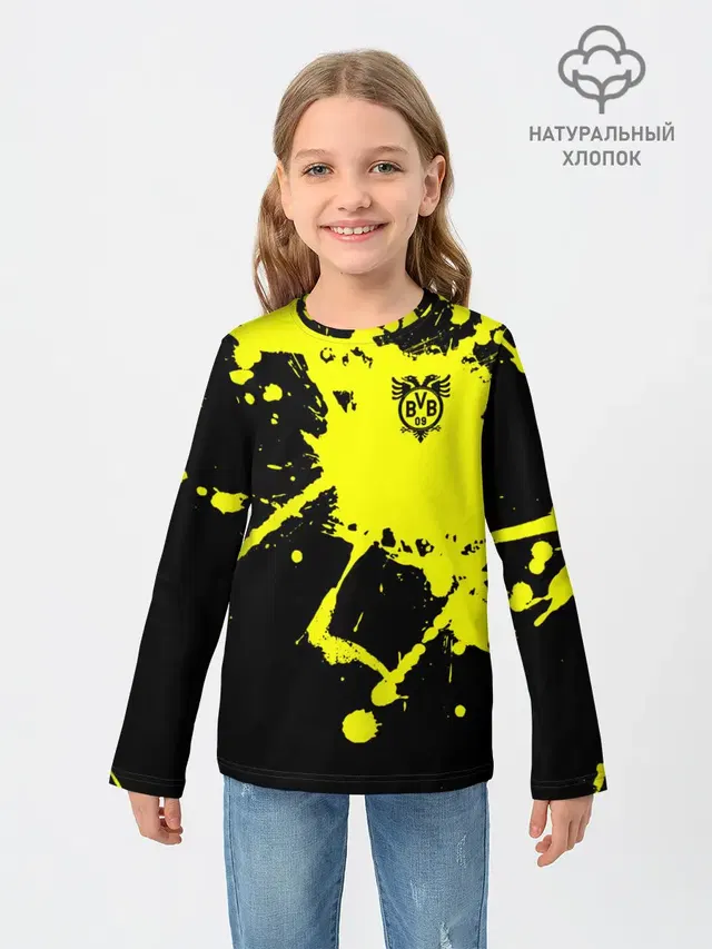 Детский лонгслив с принтом «Paint splatter — FC Borussia»