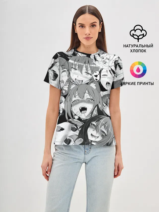 Женская базовая футболка с принтом «Ahegao — AHEGAO monochrome»