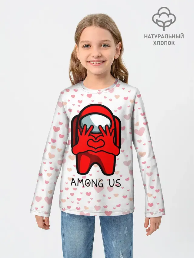 Детский лонгслив с принтом «Амонг Ас — AMONG US - СЕРДЕЧКО»