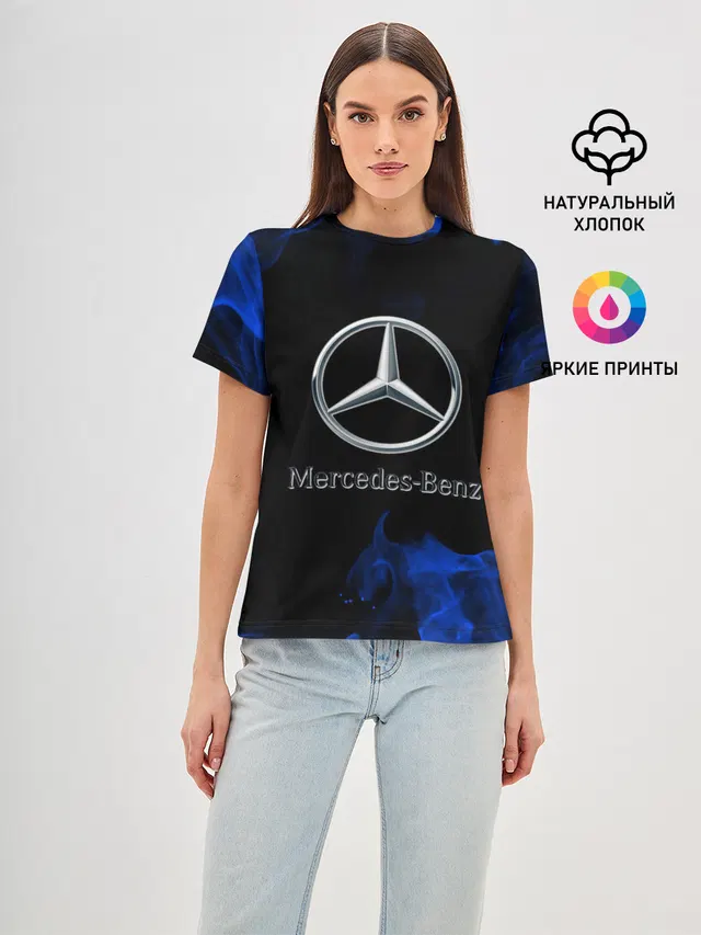 Женская базовая футболка с принтом «blue fire — mercedes»