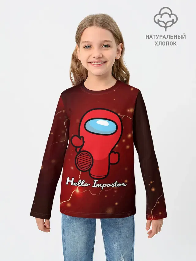 Детский лонгслив с принтом «Амонг Ас — Hello Impostor.»