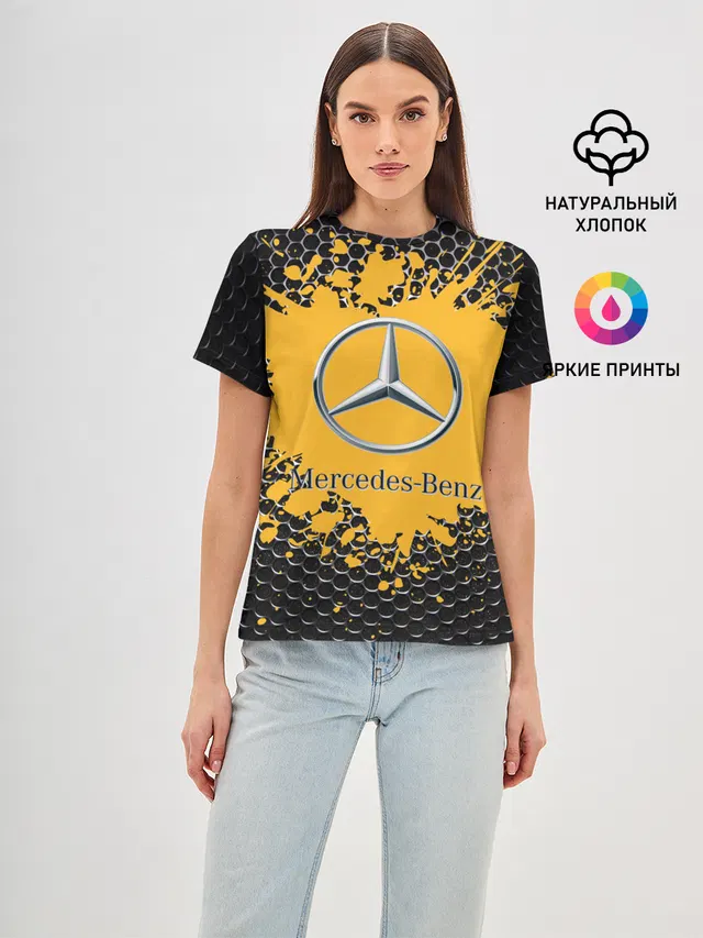 Женская базовая футболка с принтом «Emblem — mercedes»