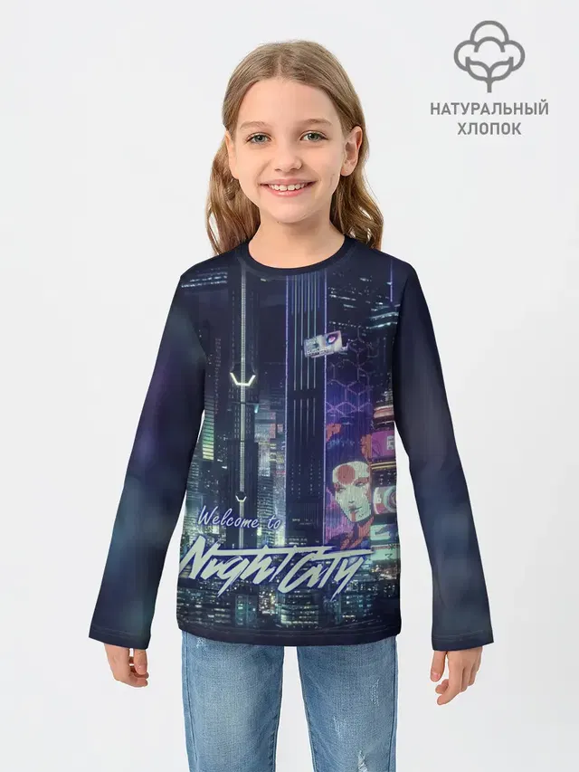 Детский лонгслив с принтом «Cyberpunk 2077 — Welcome to Night City»