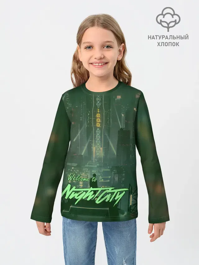 Детский лонгслив с принтом «Cyberpunk 2077 — Welcome to Night City»
