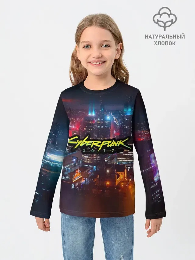Детский лонгслив с принтом «Cyberpunk 2077 — Найт сити»