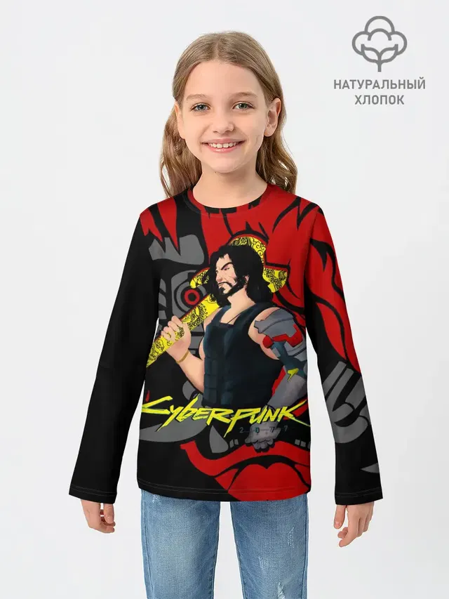 Детский лонгслив с принтом «Cyberpunk 2077 — SAMURAI KEANU»