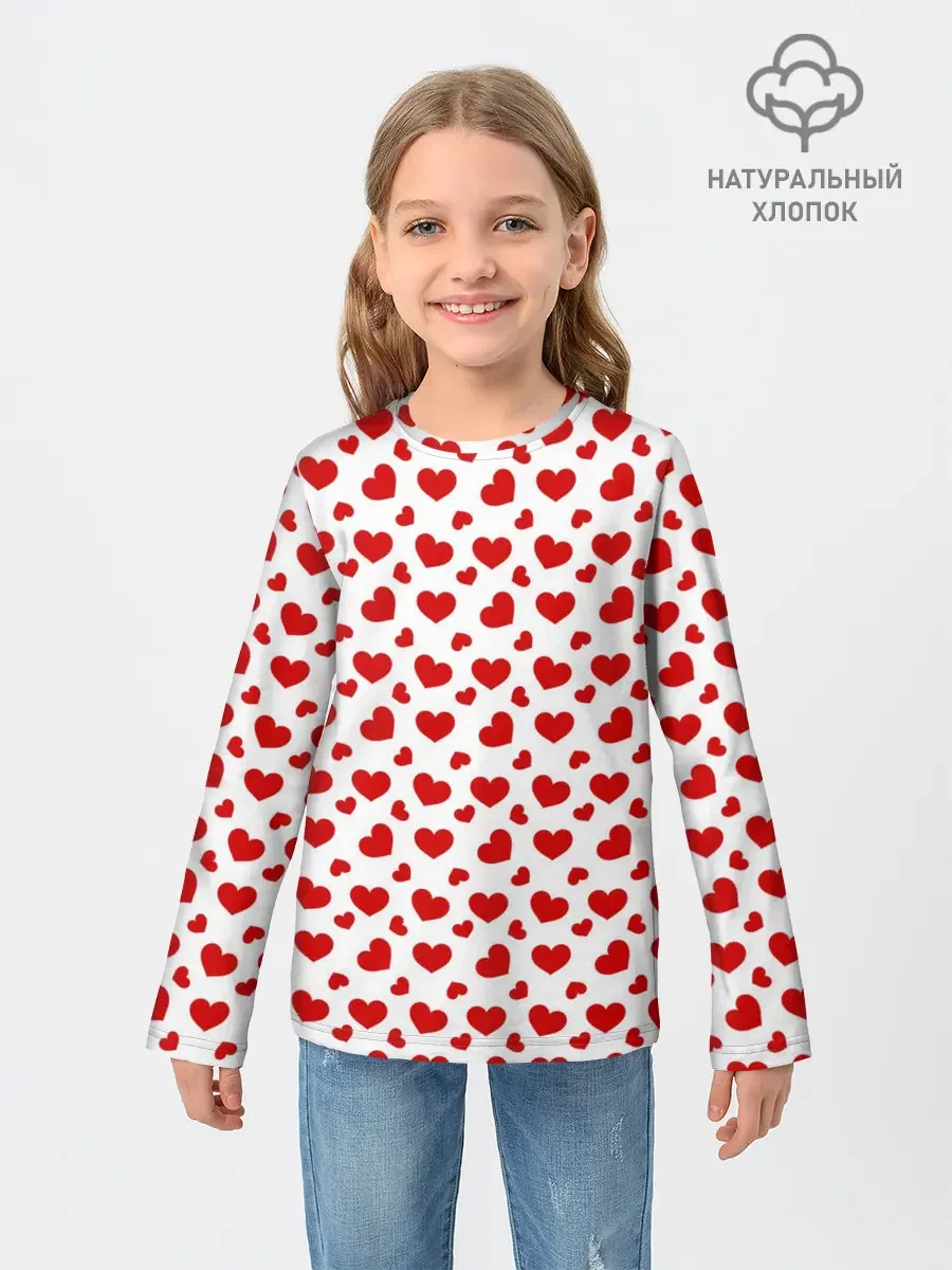 Детский лонгслив с принтом «Сердца — Сердечки», вид спереди