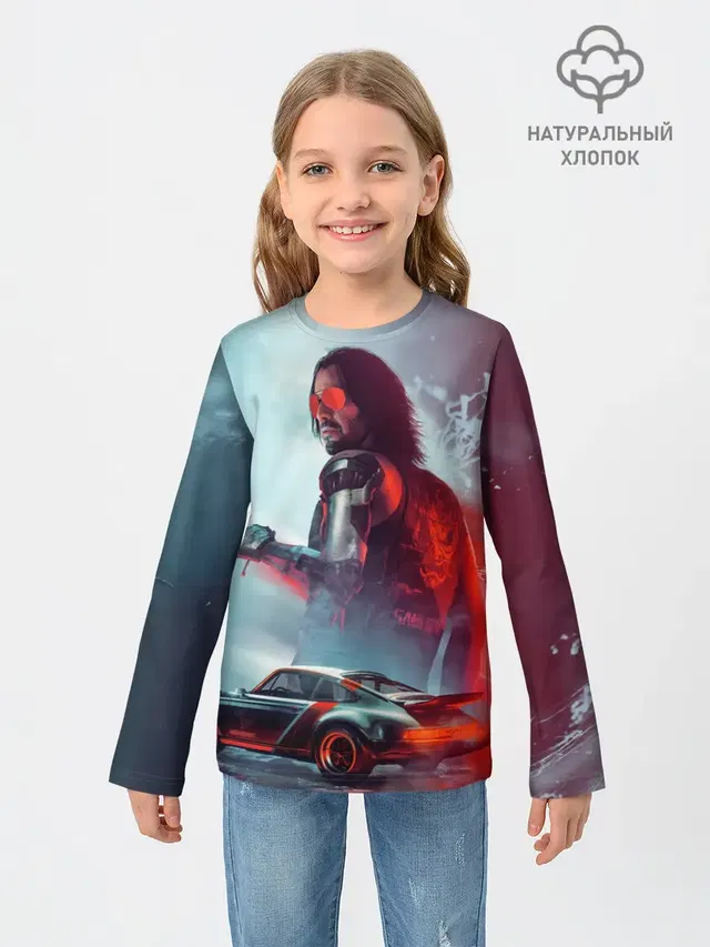 Детский лонгслив с принтом «Cyberpunk 2077 — Джонни и Порш»