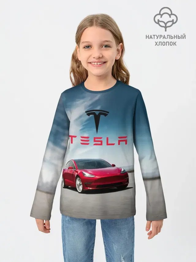 Детский лонгслив с принтом «Tesla — Tesla Model 3»