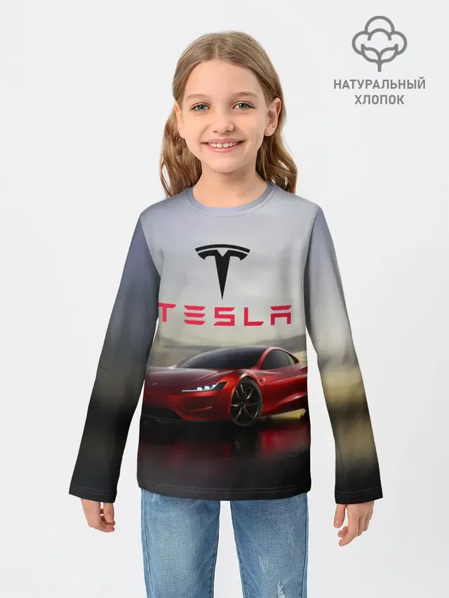 Детский лонгслив с принтом «Tesla — Tesla Roadster»