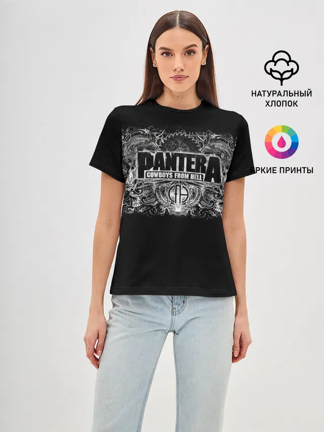 Женская базовая футболка с принтом «Разный рок — PANTERA.»