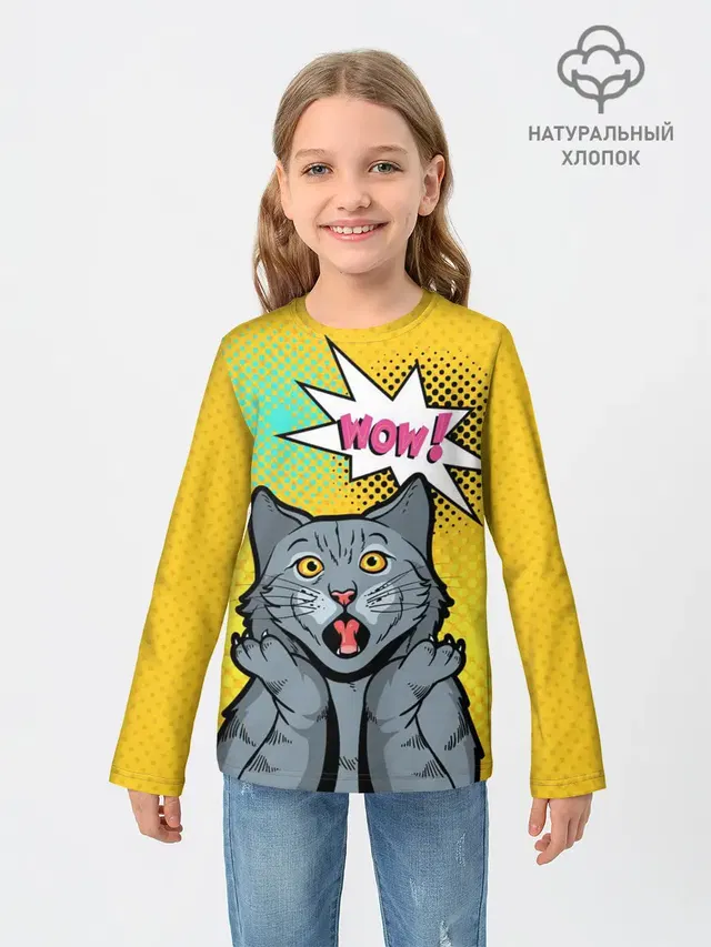 Детский лонгслив с принтом «Pop Art — Pop Art Cat — Wow»