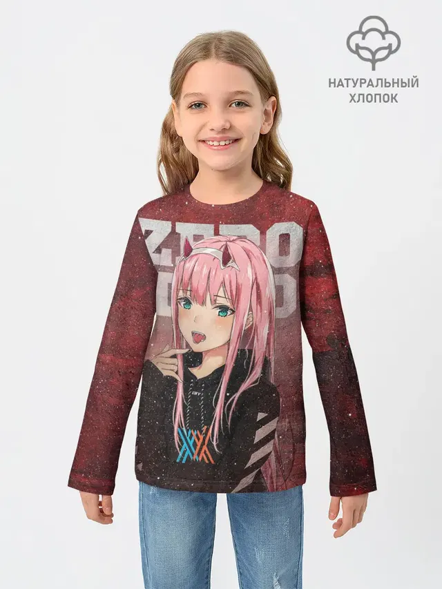 Детский лонгслив с принтом «Zero Two в толстовке»