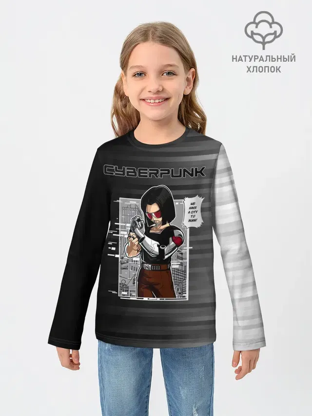 Детский лонгслив с принтом «Cyberpunk 2077 — Cyberpunk 2077 WE HAVE A CITY TO BURN!»