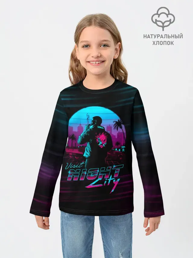 Детский лонгслив с принтом «Cyberpunk 2077 — Cyberpunk 2077 NIGHT CITY»