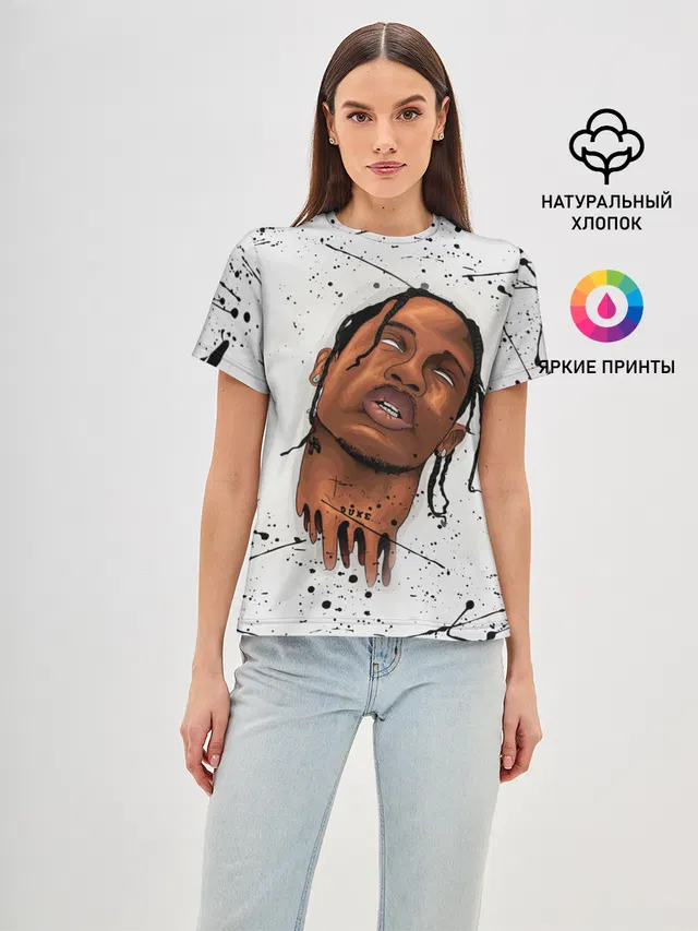 Женская базовая футболка с принтом «Трэвис Скотт — TRAVIS SCOTT»