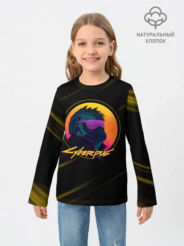 Детский лонгслив с принтом «Cyberpunk 2077 — CyberPUG»