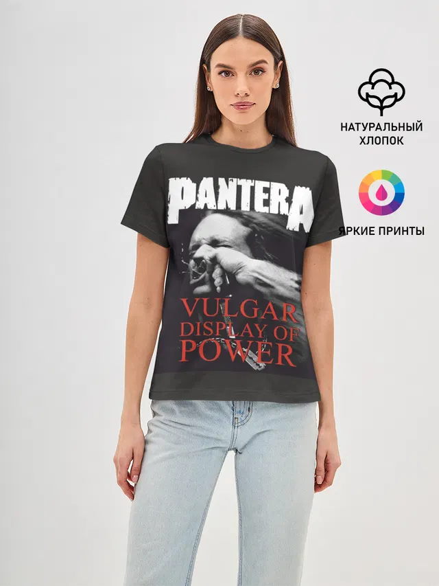 Женская базовая футболка с принтом «Разный рок — PANTERA VULGAR OF POWER»
