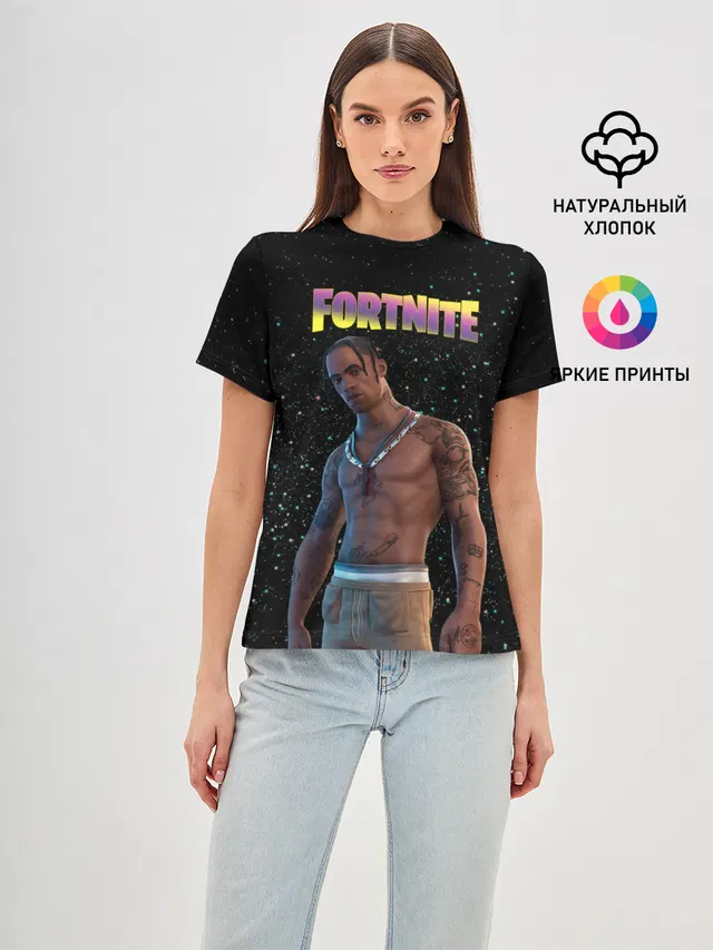 Женская базовая футболка с принтом «Фортнайт — Travis Scott, Fortnite»