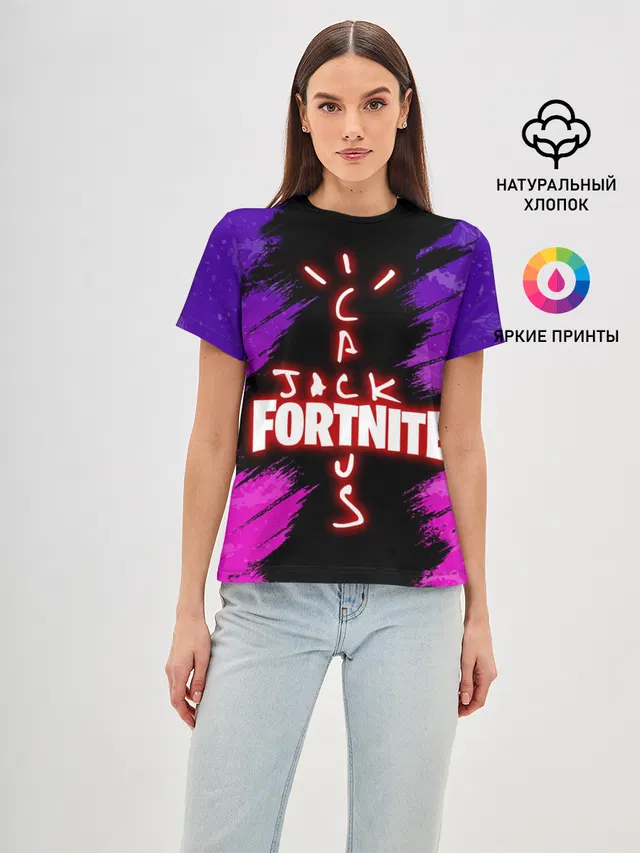 Женская базовая футболка с принтом «Фортнайт — FORTNITE X TRAVIS SCOTT»